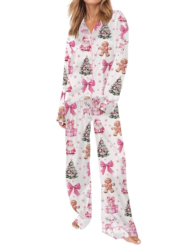 SHESHOW Satin Christmas Pajamas for Women Long Sleeve Winter Pjs Cute Bow Christmas Pajamas Sets L