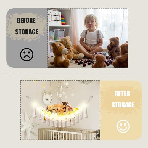 Image of CERETIA Stuffed Animal Hammock with LED Light, Large Stuffed Animals Storage Corner Plushie Net for Kids Room Decor, Jumbo White