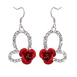 QIAN0813 Vintage Red 3D Rose Drop Earrings for Women Statement Dangle Earrings with Crystal Rhinesto