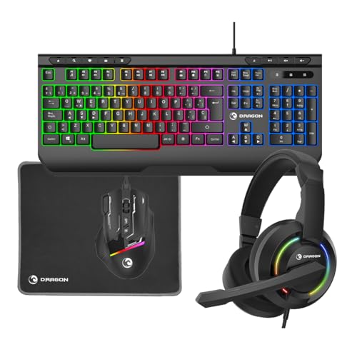 PRIXTON Kit Gaming Dragon con Teclado, Ratón, Auriculares y Alfombrilla, Accesorios Gamer, Retroiluminación RGB, Teclado español, Cascos música, Anti-Ghosting, para Windows/Mac/PC/Ordenador Portátil