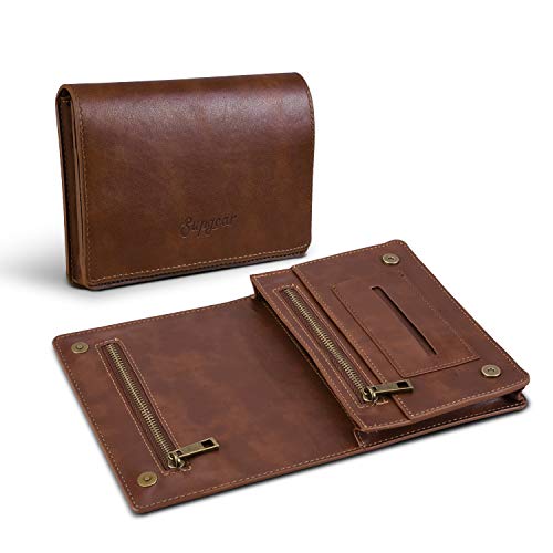 Preisvergleich Produktbild Supgear Tabaktasche Leder, Tabakbeutel mit Metallreißverschluß, Doppel-Blättchenfach, Magnetverschluß, Filterfach und Blättchenhalter Drehertasche Hellbraun (Braun)