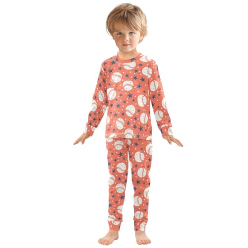 Baseballs with Stars Red Pattern Cute Pajama Sets Long Sleeve Top and Pants, Snug Fit Sleepwear for Night Wears3