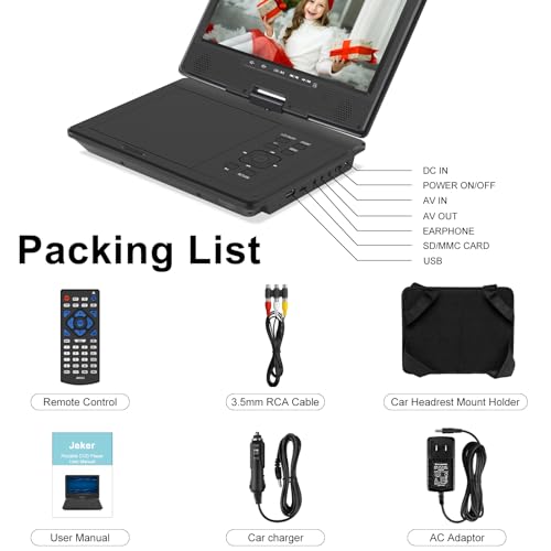 Jekero 12.5" Portable DVD Player, Bluetooth Car Headrest Video Players with 10.1" Swivel Screen, 5 Hours Rechargeable Battery, Car Headrest Mount, Regions Free, Car DVD Player Supports SD/USB/Sync TV