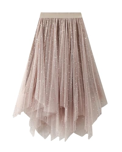 Jogold Tulle Skirts for Women 3 Layered High Low Asymmetrical Midi Length Elastic Waist Mesh Tutu Skirt (Grey #1)