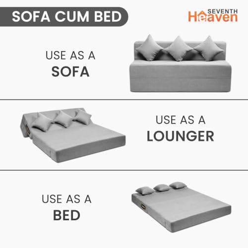 Image of Seventh Heaven Rejioce 4 Seater 6 * 6 Jute Fabric Washable Cover Sofa Cum Bed with 3 Cushions 4 Seater Double Foam Fold Out Sofa Cum Bed (Finish Color - Light Grey Delivery Condition - Pre-Assembled)