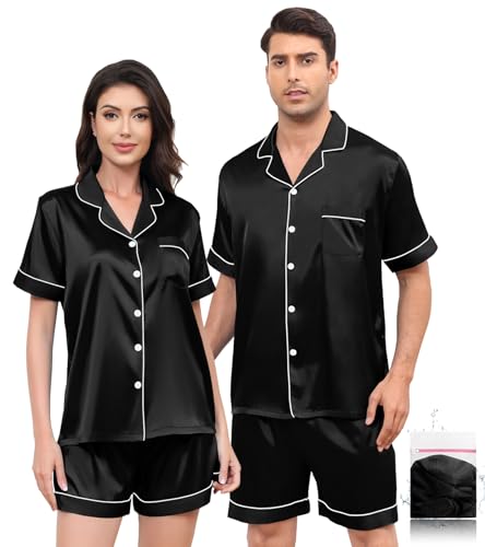 YOPUGEE Silk Pajamas Sets for Women 2 Piece Shorts Satin Pj Sets Short Sleeve Button Down Sleepwear Pjs Set, Black-XL
