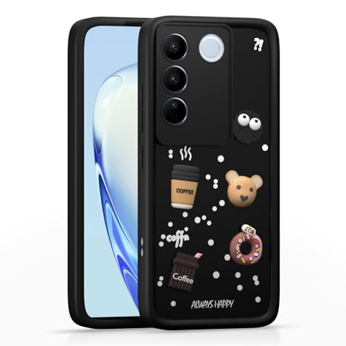Image of Bintage Cute Fun Ball | Taddy Cartoon 3D Smiley Coffee Cup | Milk Donut | Full Protection Rubber Back Cover Compatible for Vivo V2230 / Vivo V27Pro 5G - Black