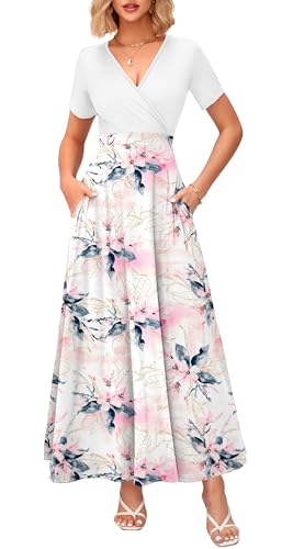 Image of WNEEDU Women's Summer Maxi Dress Short Sleeves Wrap V Neck Long Dresses with Pockets