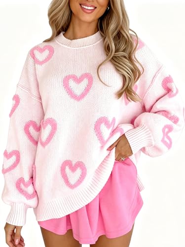 Image of Women's Cute Heart Sweater Love Print Valentine Romantic Knitted Top Casual Crewneck Long Sleeve Sweaters Pullover