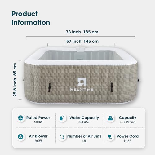image for RELXTIME Square Hot Tub Inflatable Spa 4 to 6 Person Portable Hottub O