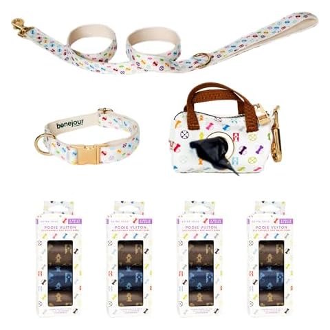 Green Pet Bonejour Bundle, White - Standard Size - Includes Bag Dispenser, 960 Waste Bags, Collar & Leash in Signature Pooie Vuiton Print Cover