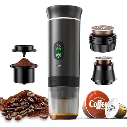C70A Akku Kaffeemaschine 12V Espressomaschine Tragbare Kaffee Maker für Auto, Camping, Reise mit Digitalanzeige, 2s Extraktion, 5 Tassen Espresso für Eine Ladung, für Kaffeepulver und Kapseln