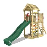 WICKEY Spielturm Klettergerüst JoyFlyer mit Holzdach & grüner Rutsche, Outdoor Kinder Kletterturm mit Sandkasten, Leiter & Spiel-Zubehör für den Garten