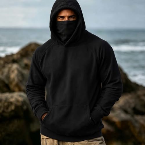 Mens Pullover Hoodie Face Cover Kangaroo Pocket Casual Outdoor Sweatshirt - image 3