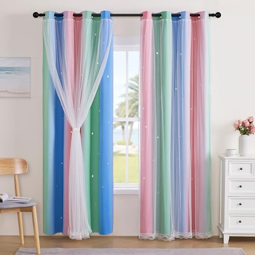 Image of XiDi Curtains for Bedroom Decor, Rainbow Pink GreenBlue52 /90 /1