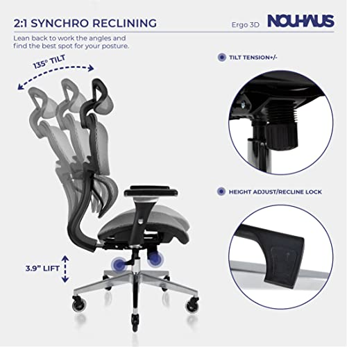 Nouhaus Ergo3D Ergonomic Office Chair - Rolling Desk Chair With 4D Adjustable Armrest, 3D Lumbar Support And Blade Wheels - Mesh Computer /Executive Swivel Chair (Grey) #TOP2