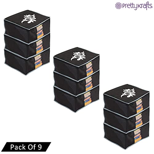 Image of PrettyKrafts Large Saree Cover With Creative Prints, Wardrobe Organiser, Clothes Cover & Storage, Zip Closure and Transparent Window | Clothes Storage Bag | Set of 9, Black | Size: 40 x 35 x 20 cm
