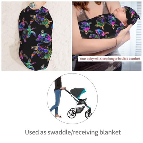 Image of Sea Turtle Newborn Swaddle Blanket with Beanie Set Soft Baby Sack Stretch Adjustable Swaddle Wraps Receiving Blankets