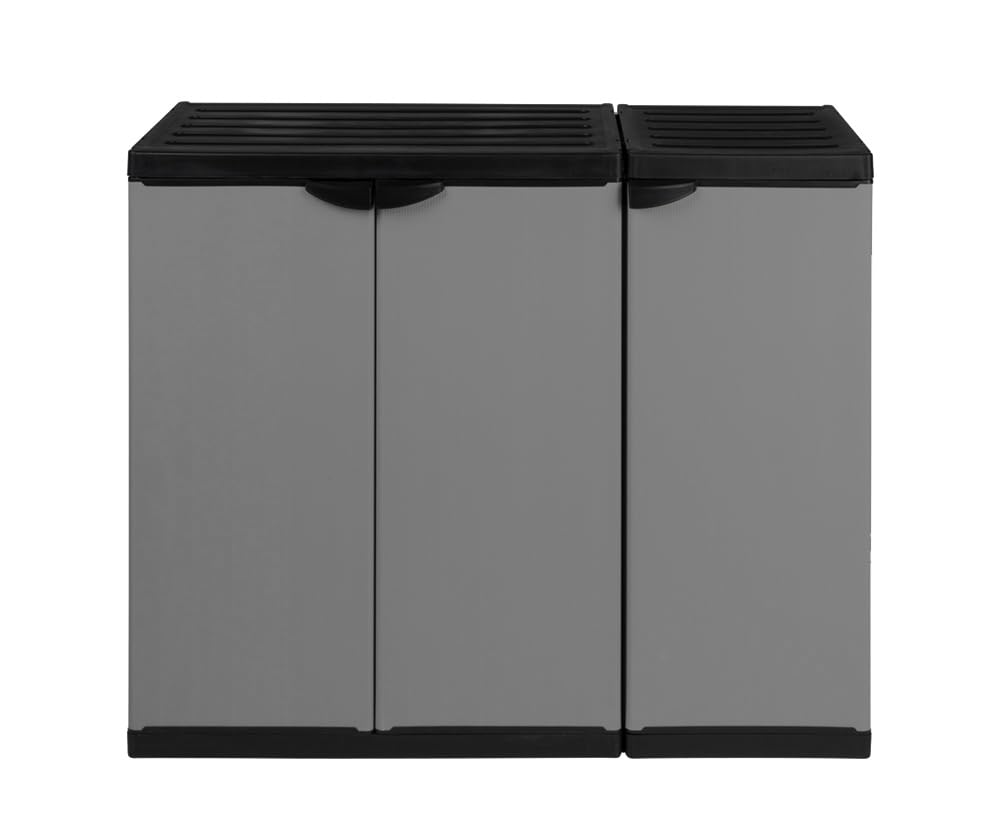 Kreher Modularer Universal Kunststoffschrank Kommode 2 in 1 mit DREI Türen und höhenverstellbaren Böden. Robuste Ausführung, in Grau. Maße BxTxH : 102 x 38,5 x 85 cm.