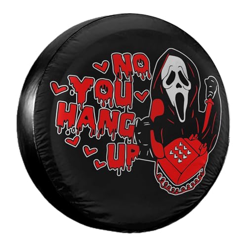 Image of Camper Spare Tire Cover 15 Inch - Horror Ghost Design No You Hang Up - Durable PVC Leather, Waterproof & Dust-Proof - Black Wheel Protector for 15-Inch RV, Trailer, SUV Tires