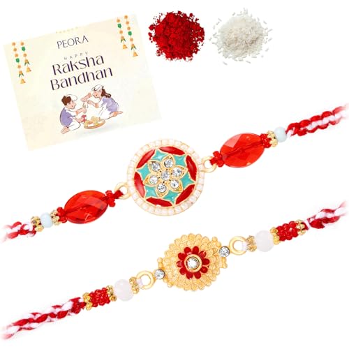 Image of Peora Rakhshabandhan Thread Rakhi for Brother Bhaiya | Kundan Beads & Crystal Studded | Combo Set of 2 | Rakhi Hamper Roli Chawal & Greeting Card