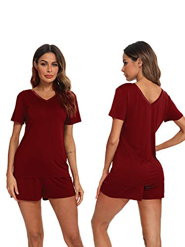 Bapooway Womens Short Sleeve V Neck Pajama Sets Shorts Sleepwear Petite Plus Size S-4Xl, Wine, 2X-Large #TOP6