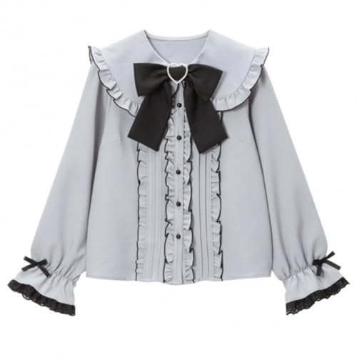 Pokn Jirai Kei Lolita Mode Cutecore Kleidung Kawaii Kleidung Bluse Goth Shirt Frauen Spitze Mesh Sheer Langarm Bluse, Blau, M