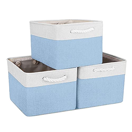 Mangata 3 Stück aufbewahrungskorb Stoff, Faltbare aufbewahrungsbox Schrank, Korb aufbewahrung Stoff mit Baumwolle Seil für Spielzeug, kleiderschrank, Regale, Kleidung (Blau Grau/Weiß, groß)