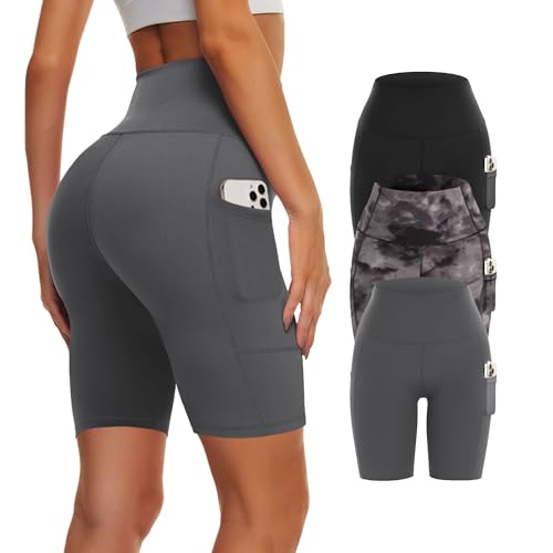 3 Pack Biker Yoga Shorts with Pockets for Women, High Waist Tummy Control Workout Running Gym