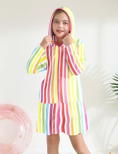 Image of Girls Swim Cover Up Kids Long Sleeve Swimsuit Coverup Terry Beach Pool Clothes with Sunglasses