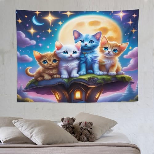 Tapisserie murale chat ciel étoilé grand format pour salon et dortoir