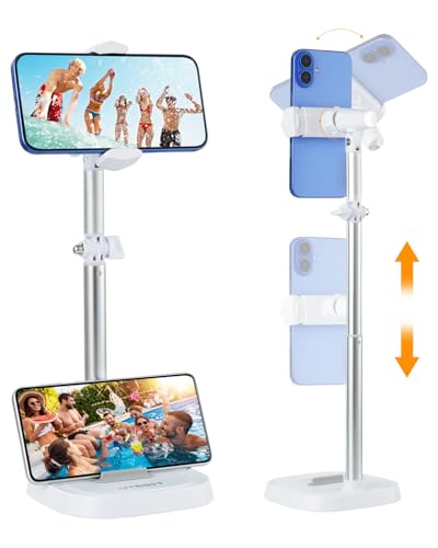 UTEBIT スマホスタンド 卓上 高さ調整 30-45cm 自由回転可能 横/縦置き 携帯 タブレット両用 スマホ撮影 安定感 電話ホルダー 昇降式 スマホ置き 滑り止め 角度調整 俯瞰撮影 カメラスタンド 片手操作 撮影/動画配信/映画鑑賞 iphone/Android用 白