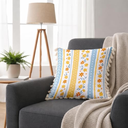 Image of STITCHNEST 'Little Meadow Series' Tassled Cushion Cover | Set of 5 | Floral Cushion Cover 16 inch x 16 inch