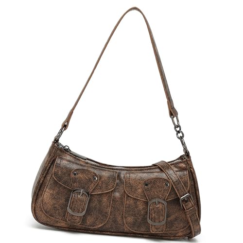 Greabuy Bolso de noche punk vintage de piel sintética con tachuelas de gran capacidad para las axilas para mujeres y niñas, bolso de hombro punk, café