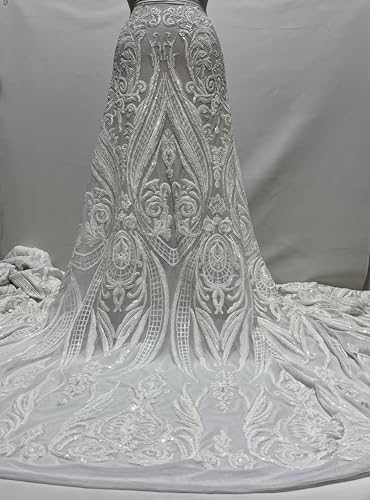 White Sequin Laces Fabrics/Stretch Sequin Fabric/4 Way Stretch Sequins/Bridal Sequins Lace/Lace Fabric -Selling by The Yard- for Dresses-Wedding/Prom/Programs