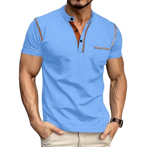 Men's Henley Shirt Short Sleeve Basic Tees Casual Tops Button Down Pullover Summer Lightweight Shirts with Pocket（1-Sky Blue,3X-Large）