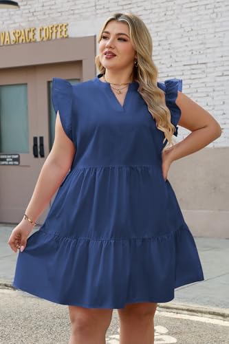 Hount Babydoll Dresses for Women 2026 Plus Size Casual Spring Short Dresses V Neck Mini Dress Blue 2X-Large — view 4