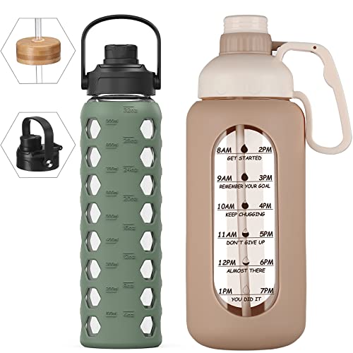 Mukoko 32Oz Glass Water Bottles With 2 Lids & 64Oz Glass Water Bottles With Straw And Lid Bundle #TOP12