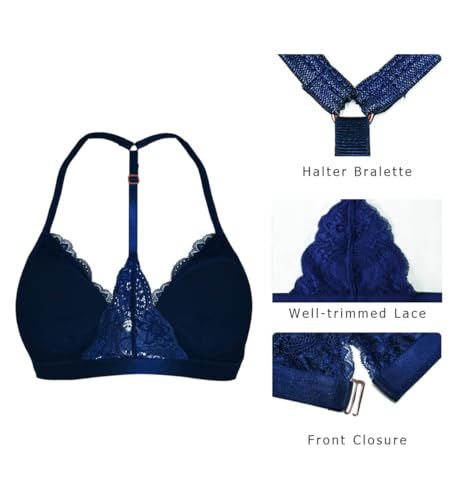 Image of SHEKINI Women's Lace Bra Wireless Padded Triangle Bralettes for Women Front Closure Halter Bras for Women