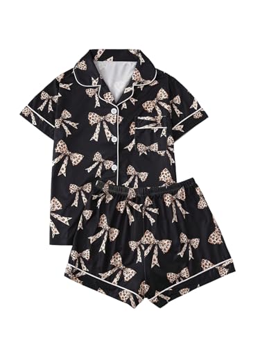 Image of Verdusa Women's 2 Piece Floral Bow Pajama Set Short Sleeve Button Down Shirt and Shorts Set