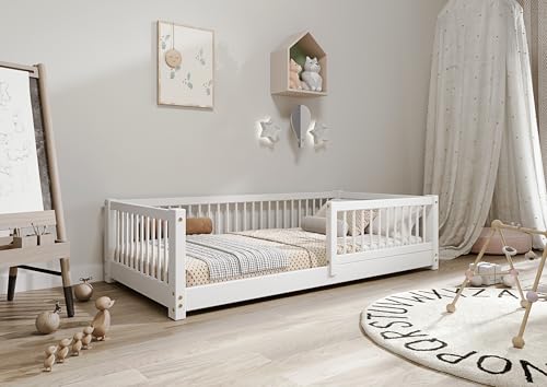 TIMBEE - Alfi - Kinderbett 80x160 cm - Bett Weiß - Einzelbett für Kinder mit Lattenrost und Rausfallschutz Abnehmbar - Belastbar bis 100 kg - aus Kiefernholz Klasse 1