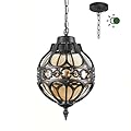 Zanritelit Dusk to Dawn Outdoor Pendant Lighting for Porch, Black Aluminum Anti-Rust Hanging Lights Fixture, Adjustable Globe Outside Lantern Ceiling Mount, Industrial Exterior Chandelier, Amber Glass