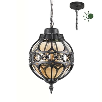 Zanritelit Dusk to Dawn Outdoor Pendant Lighting for Porch, Black Aluminum Anti-Rust Hanging Lights Fixture, Adjustable Globe Outside Lantern Ceiling Mount, Industrial Exterior Chandelier, Amber Glass