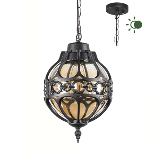 Dusk to Dawn Outdoor Pendant Lighting for Porch, Black Aluminum Anti-Rust Hanging Lights Fixture, Adjustable Globe Outside Lantern Ceiling Mount, Industrial Exterior Chandelier, Amber Glass