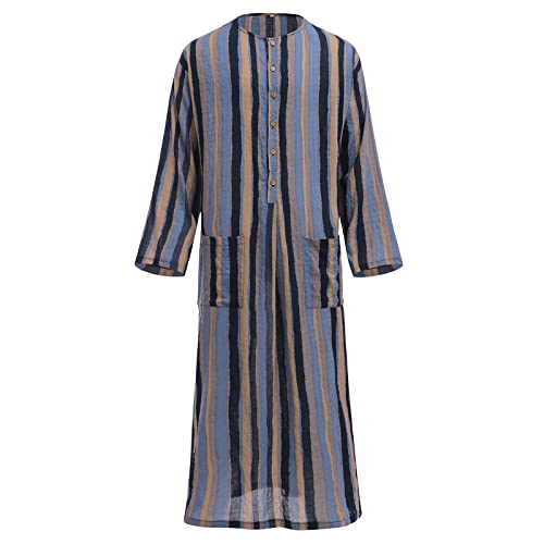 IDOPIP Men's Muslim Thobe Long Sleeve Striped Robe Gown Arab Islamic Kaftan Abayas Dress Middle East Dubai Ramadan Clothing