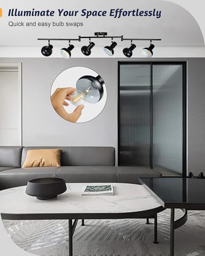 Image of HiBay 6-Light Track Lighting, Directional Rotatable Ceiling Light Fixture, Black Farmhouse Spotlight for Kitchen Living Room Office, E12 Base (Bulbs Not Included)