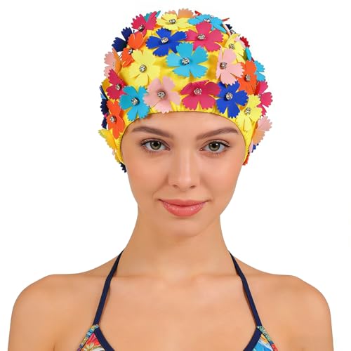 Healvian Elegante Badekappe Damen mit Blütenblattmuster aus Synthetischem Material Rutschfestes Design für Komfortables Schwimmen und Modischen Badespaß
