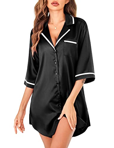 Image of Ekouaer Women's Nightgown Silk Sleep Shirt Satin Button Down Nightshirt 3/4 Sleeve Notch Collar Sleepwear S-XXL