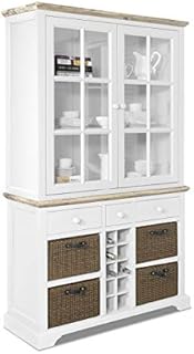 Florence Dove Grey dresser with drawers, baskets and wine rack. Large glass display cabinet with shelves