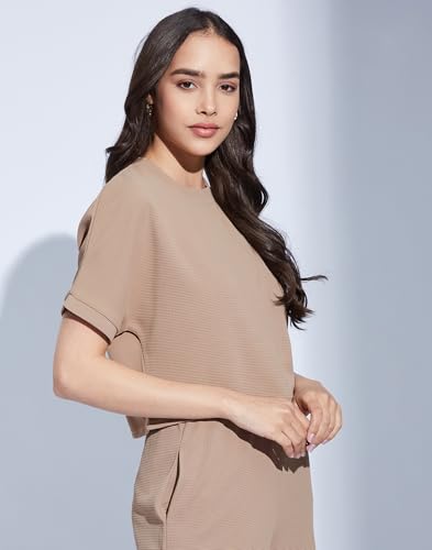 Image of SIRIL Women's Half Sleeve Lycra Solid Crop Top, Regular Fit Top for Women, Office Wear Top for Women